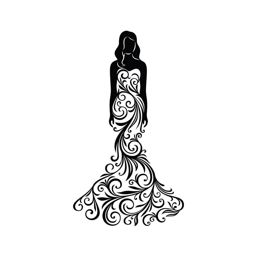 ornement silhouette femme en robe pour la décoration de mariage vecteur