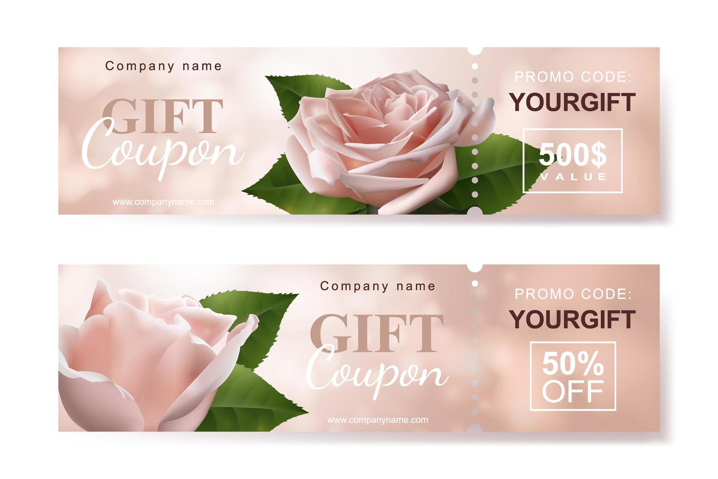 ensemble de coupons-cadeaux avec deux fleurs de roses roses réalistes. modèle pour un chèque-cadeau festif, une invitation et un certificat. illustration vectorielle vecteur