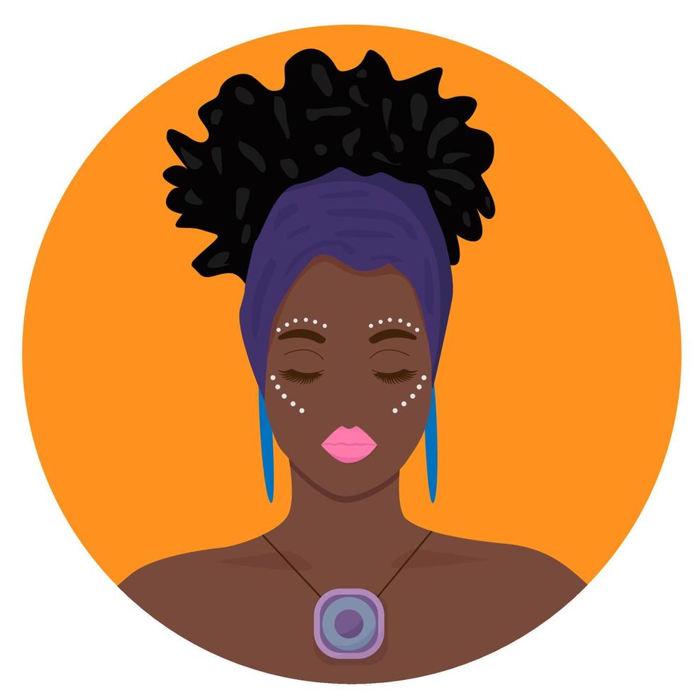 portrait d'une belle femme noire. fille afro-américaine de dessin animé. fille afro-américaine moderne aux cheveux bouclés. vecteur