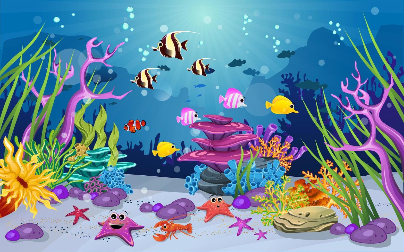 habitats marins et la beauté des récifs coralliens. il y a des anémones, des poissons et ça c'est marrant. habitats marins beaux et colorés vecteur