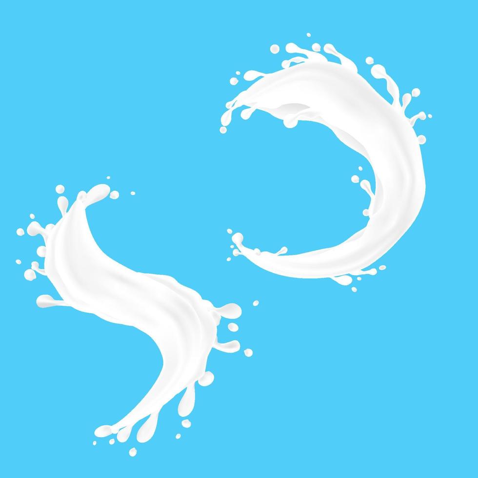 éclaboussures de lait et fond bleu. illustration d'une boisson ou d'un aliment. vecteur