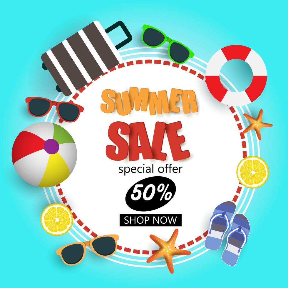 bannière web promotionnelle de vente d'été. illustration vectorielle avec élément d'été. vecteur