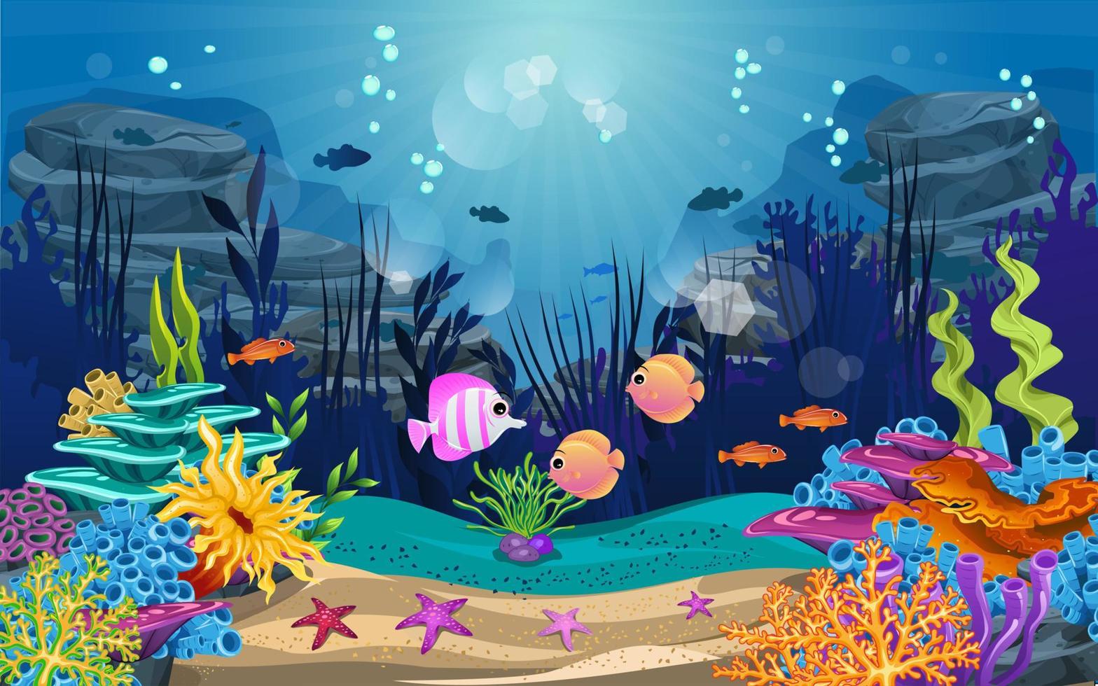 illustration et vie sous-marine. les poissons, les algues et les récifs coralliens sont beaux et colorés vecteur