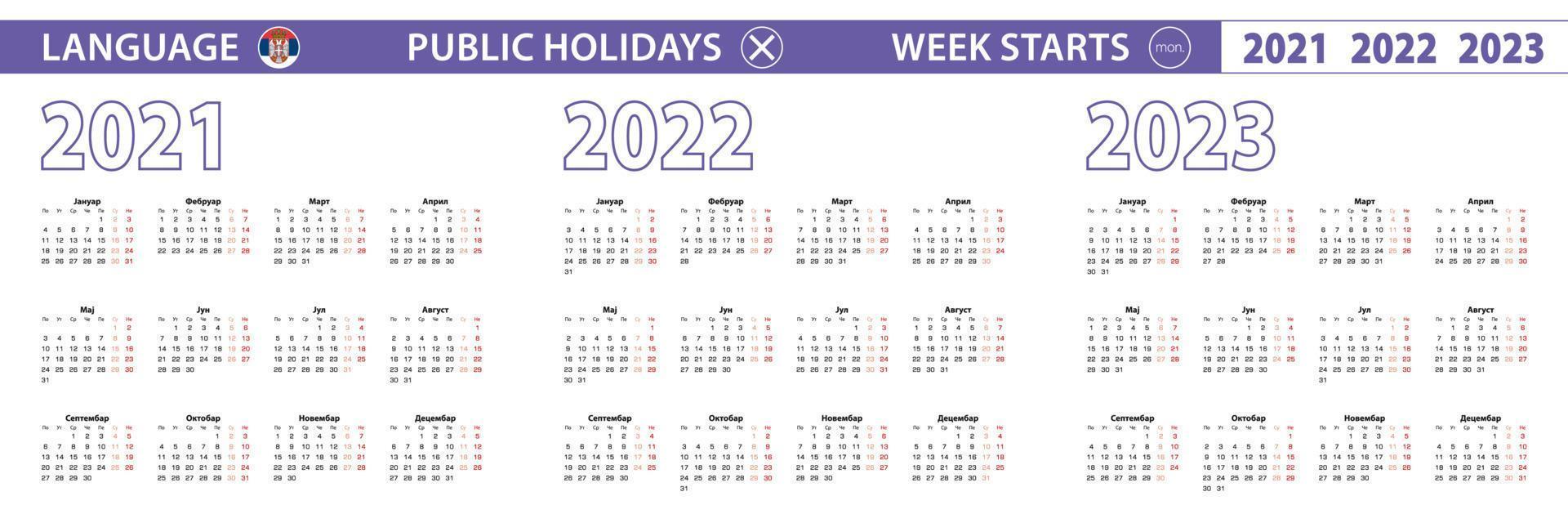 modèle de calendrier simple en serbe pour 2021, 2022, 2023 ans. la semaine commence à partir du lundi. vecteur