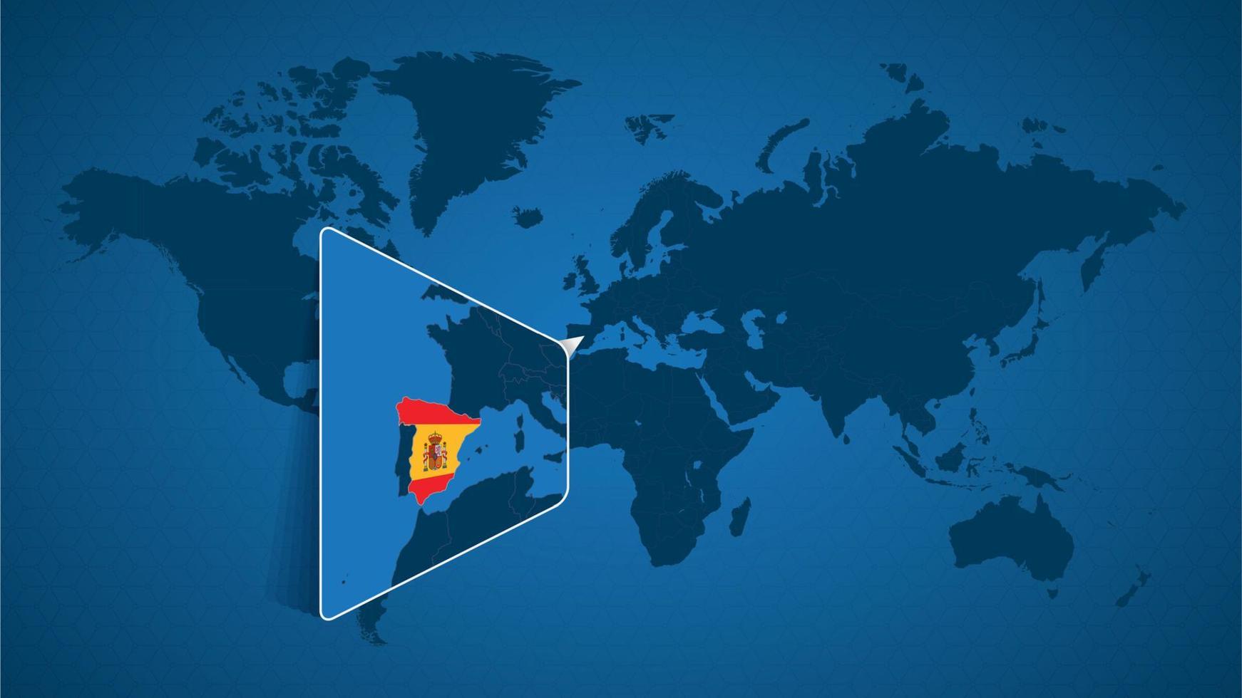 carte du monde détaillée avec carte agrandie épinglée de l'espagne et des pays voisins. vecteur