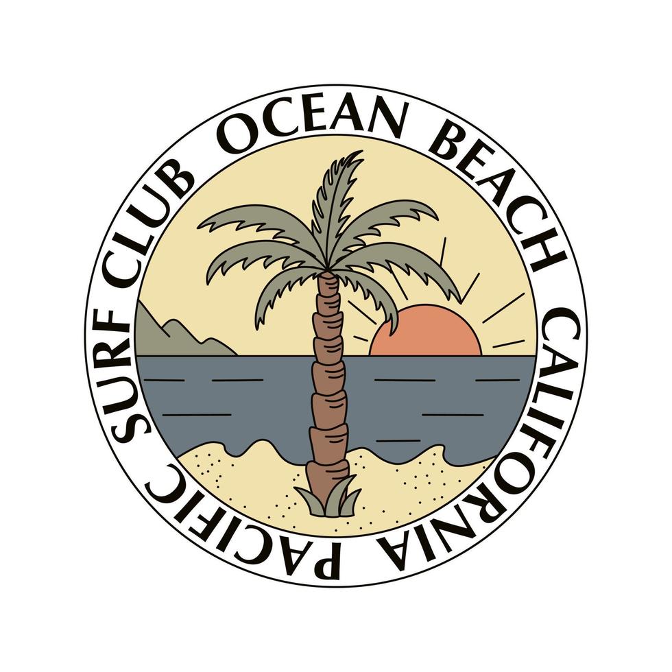 badge dessiné à la main avec un palmier, des planches de surf et l'océan. vecteur