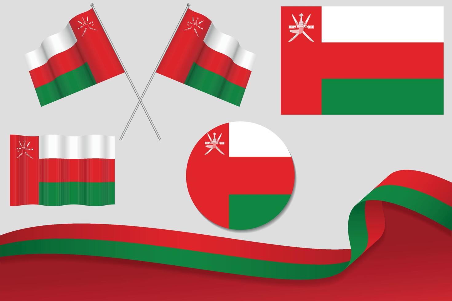 ensemble de drapeaux d'oman dans différents modèles, icône, drapeaux écorchés avec ruban avec arrière-plan. vecteur libre