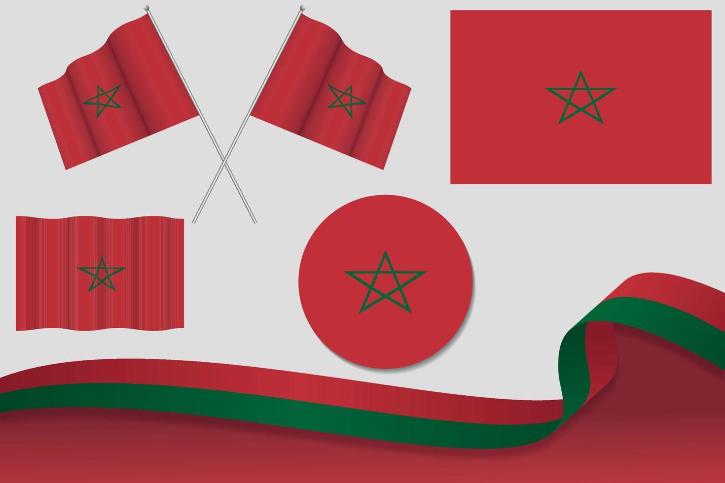 ensemble de drapeaux marocains de différentes conceptions, icône, drapeaux écorchés avec ruban avec arrière-plan. vecteur libre