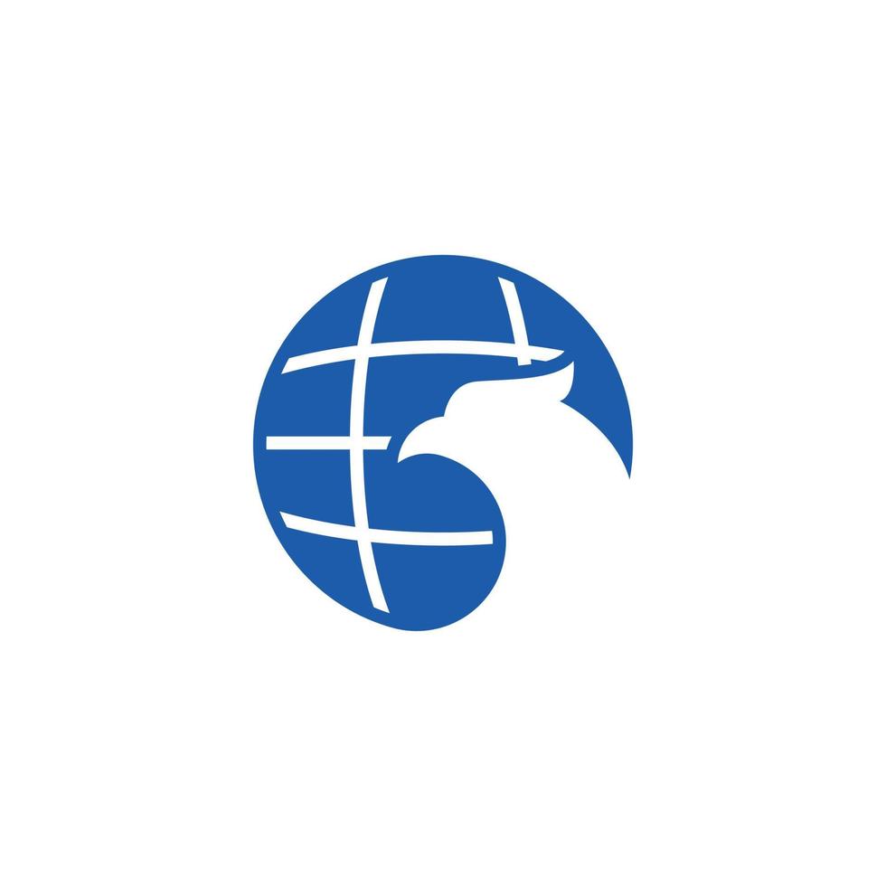 logo de l'espace négatif de la tête d'aigle du globe bleu. logo silhouette aigle avec globe vecteur