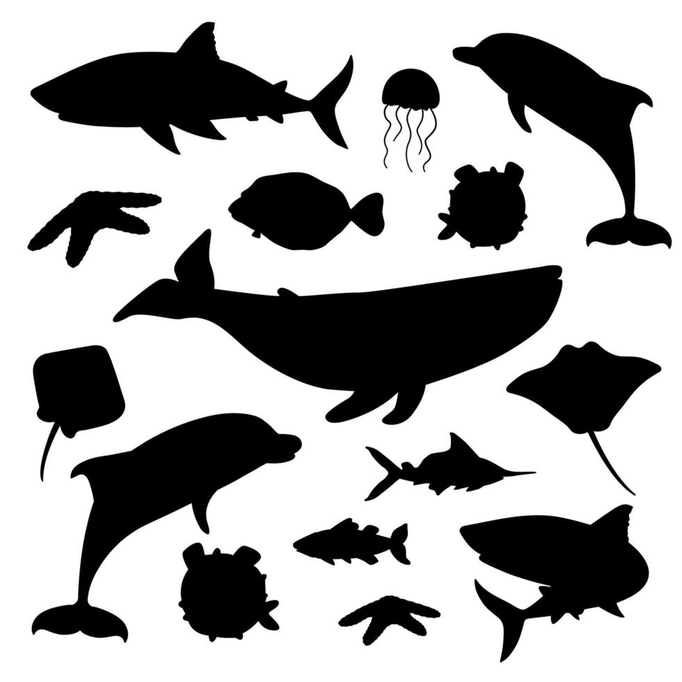 ensemble d'animaux de forme de mer océan dessin animé noir blanc silhouette vecteur. baleine, dauphin, requin, raie, méduse, poisson, étoiles. animaux isolés sur fond blanc, style plat vecteur