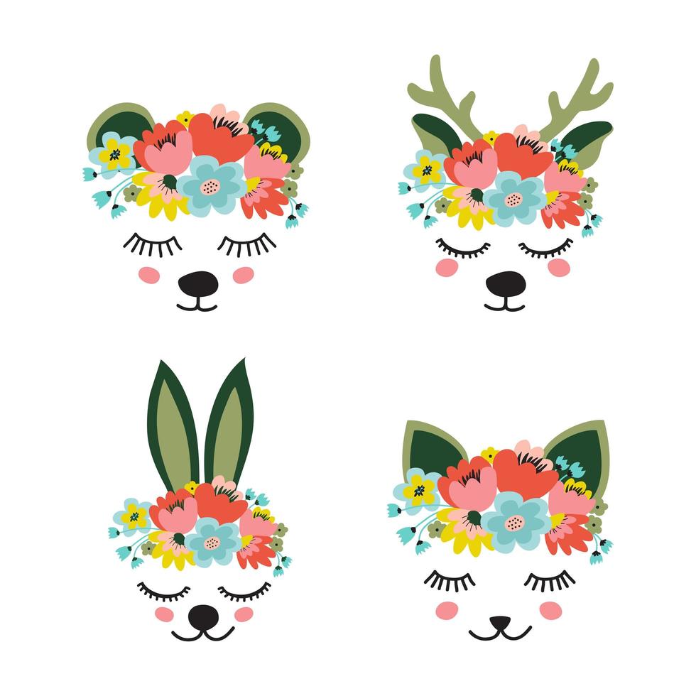le visage d'un mignon cerf, lièvre, chaton et ours, une couronne de fleurs sur la tête. tête d'animaux les yeux fermés et souriants. illustration vectorielle plate vecteur