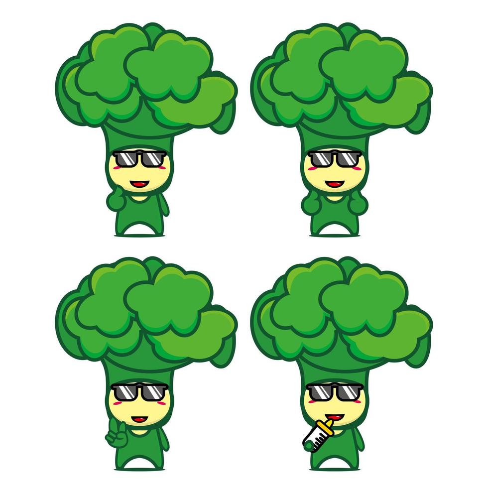 collection de jeu de personnage de conception de mascotte de brocoli mignon. isolé sur fond blanc. concept de paquet d'idées de logo de mascotte de personnage mignon vecteur