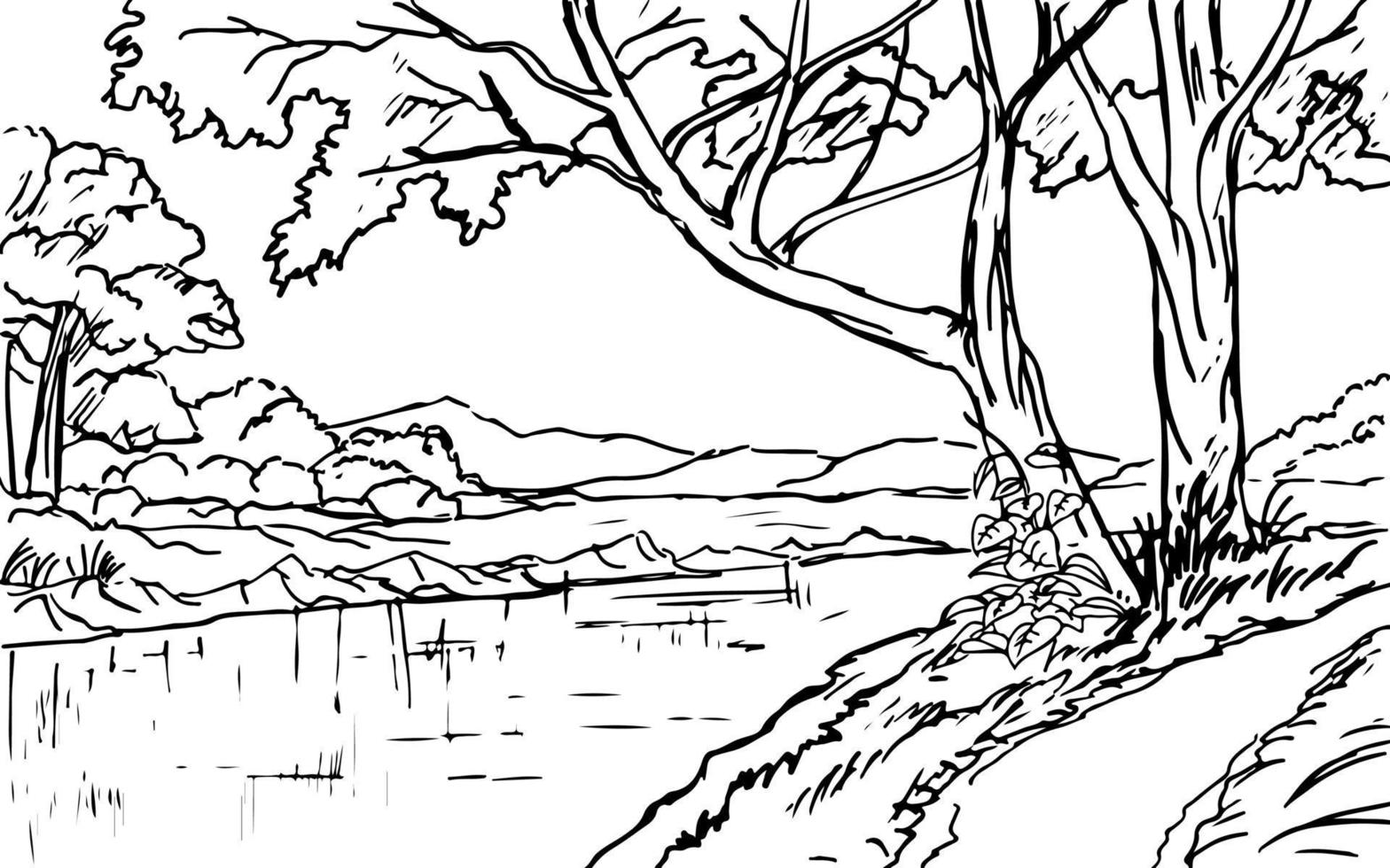 paysage forestier rural avec illustration de croquis de rivière vecteur