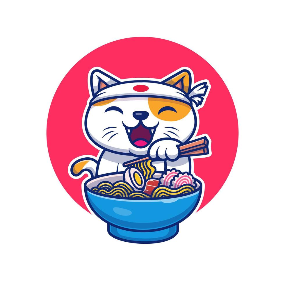 chat mignon mangeant une illustration d'icône de vecteur de dessin animé de nouilles ramen. concept d'icône d'aliments pour animaux isolé vecteur premium. style de dessin animé plat