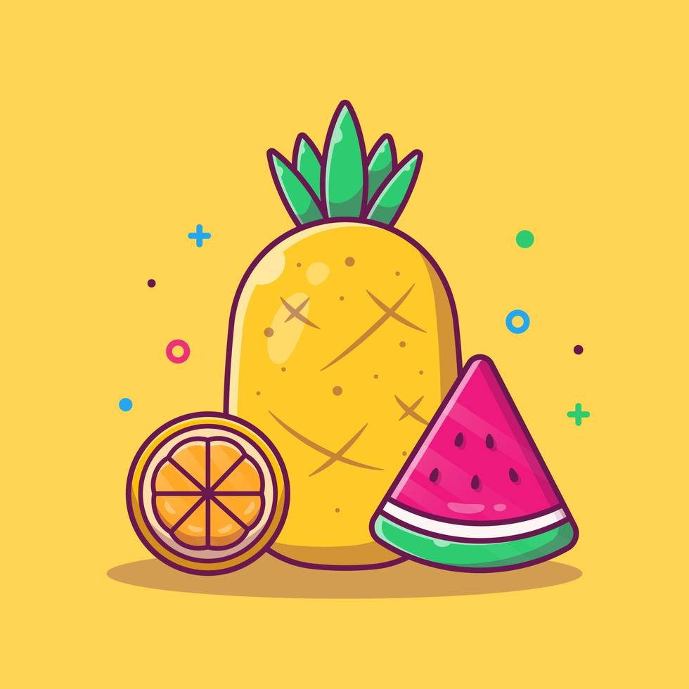 ananas, orange avec illustration d'icône de vecteur de dessin animé de pastèque. concept d'icône de nature alimentaire isolé vecteur premium. style de dessin animé plat