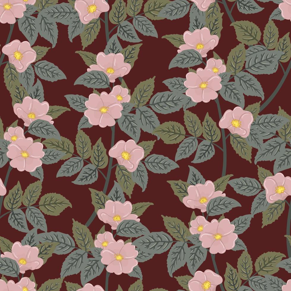 texture de feuilles et de fleurs de rose sauvage. bruyère à motif vectoriel harmonieux, églantier, églantine pour tissu, papier d'emballage et autre votre conception.