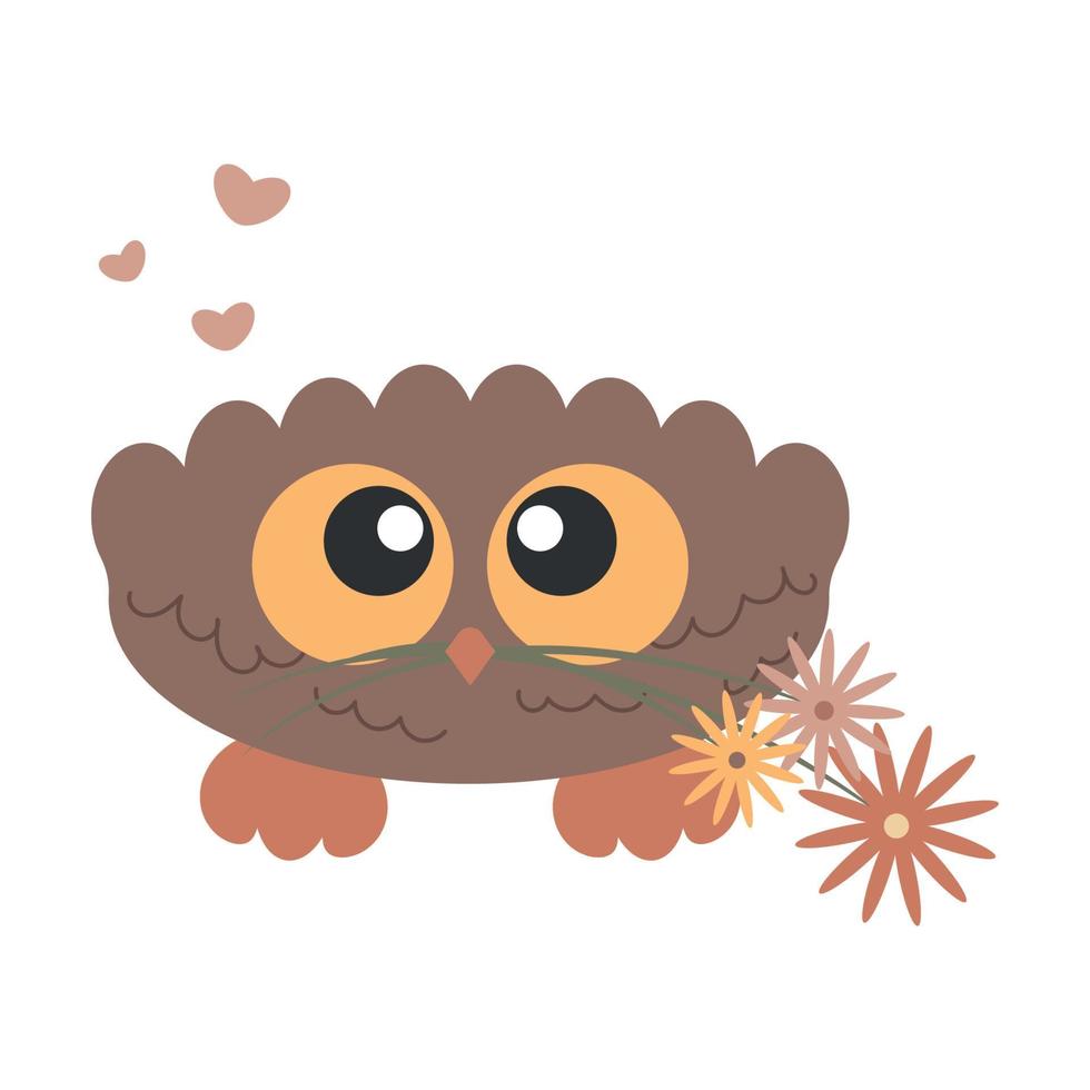 petit hibou oiseau mignon avec de grands yeux tenant une fleur dans son bec vecteur