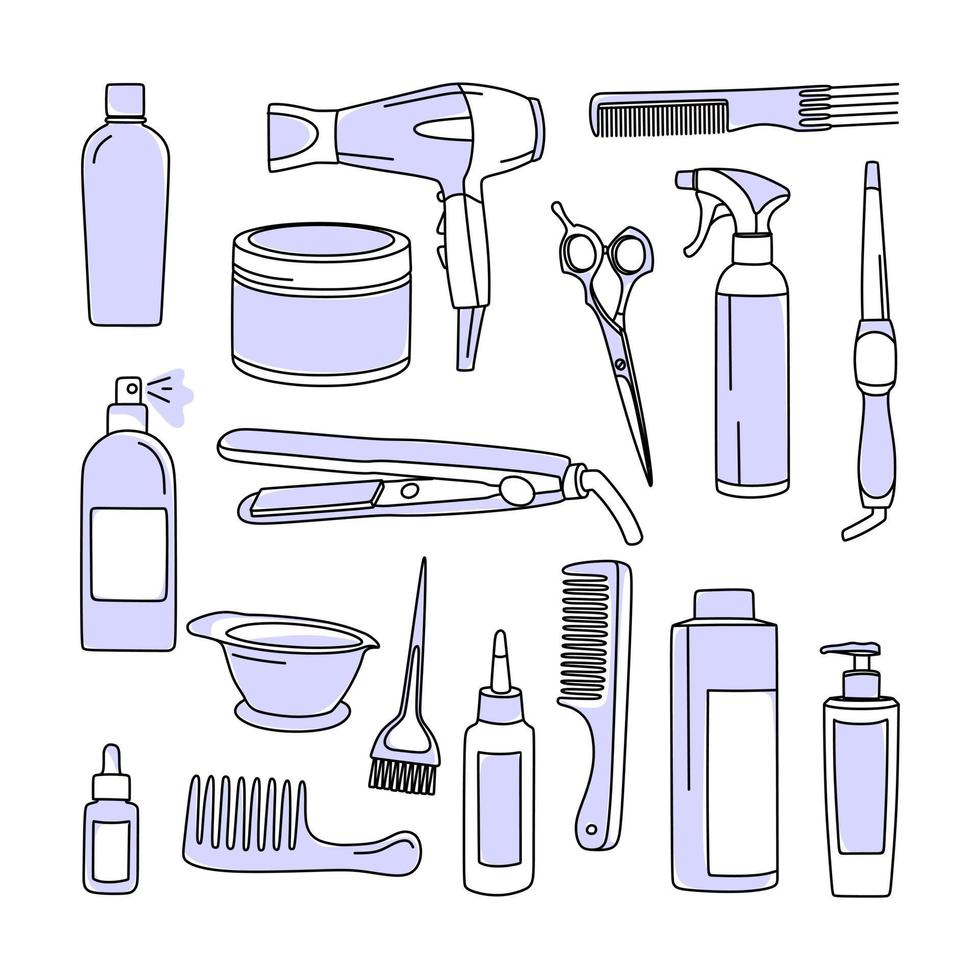 produits de soins capillaires. un ensemble de cosmétiques et d'articles. en illustration vectorielle de couleur très péri dans le style doodle. vecteur