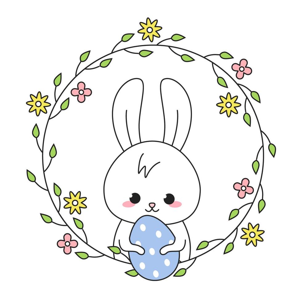 insigne de printemps avec cadre floral et un vecteur de lapin mignon