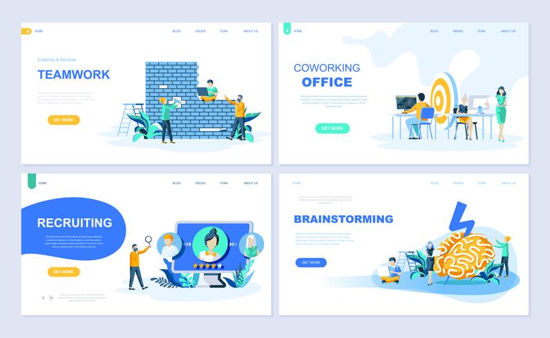 Ensemble de modèles de page de renvoi pour le travail d&#39;équipe, le recrutement, le remue-méninges, le bureau de coworking. Des concepts plats illustration vectorielle moderne décoré le caractère de personnes pour le développement de site Web et site W vecteur