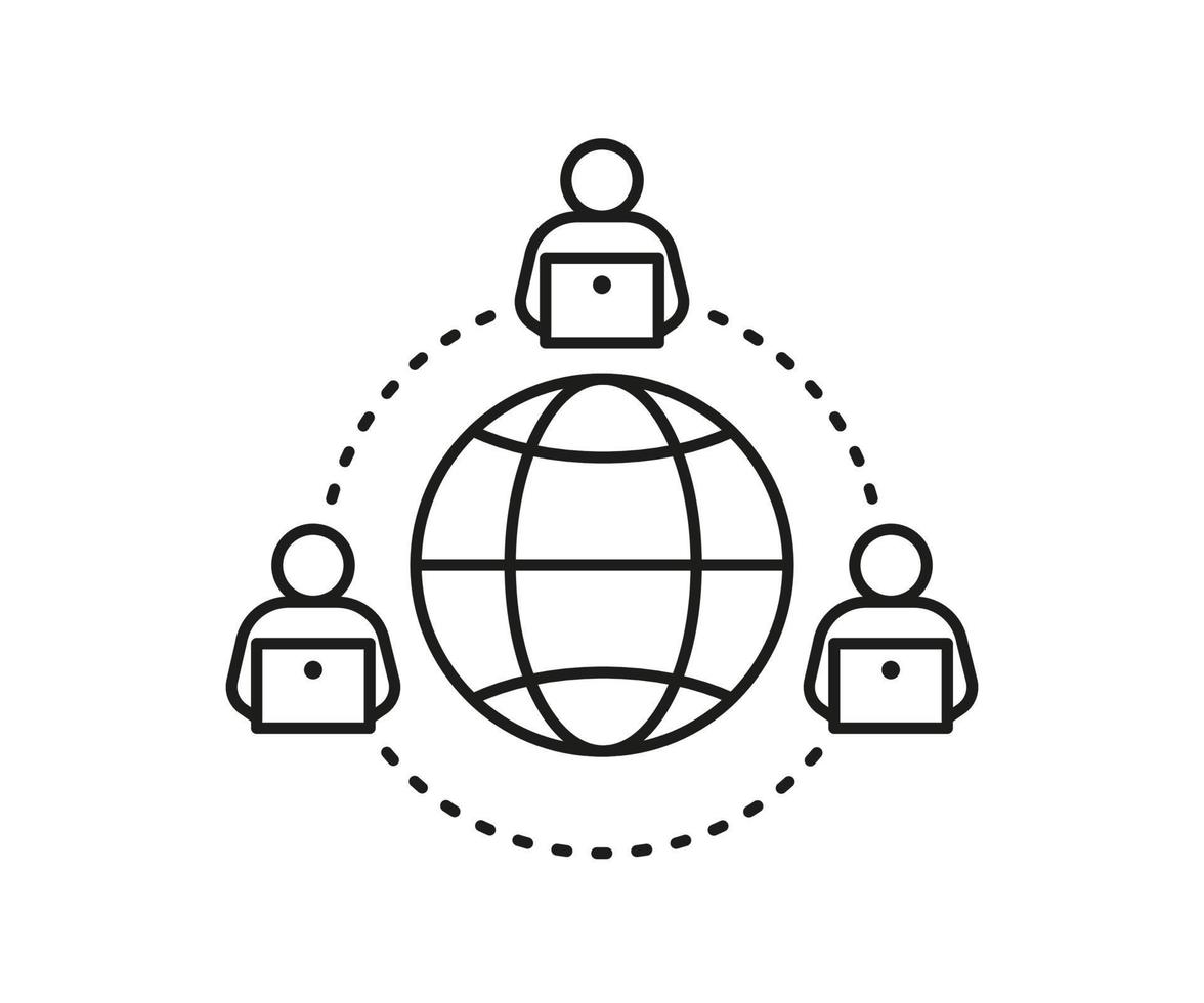 communication en ligne à distance des personnes sur ordinateur, autour de l'icône de la ligne de terre. connexion sur le travail d'équipe internet. communauté à distance. signe de vecteur