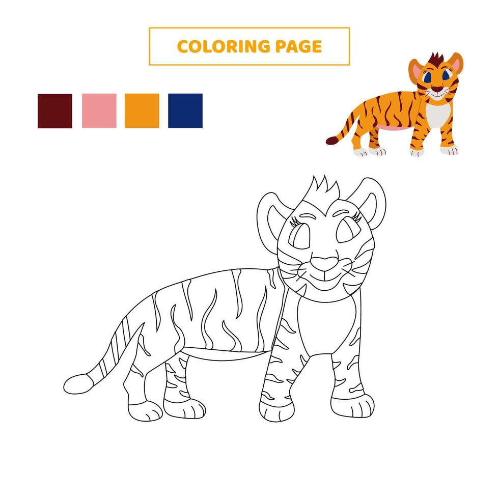 page de coloriage pour les enfants avec un mignon petit tigre. vecteur