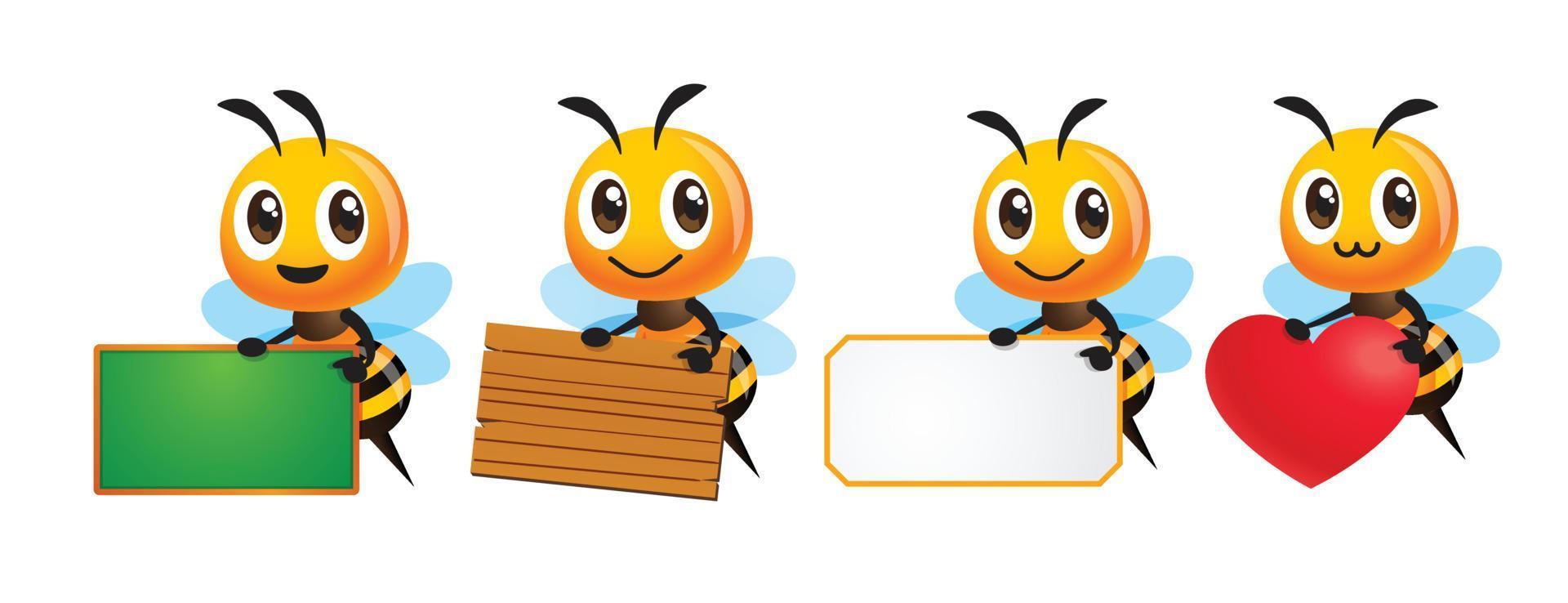 ensemble de collection d'abeilles mignonnes de dessin animé tenant différents panneaux vides tels que tableau noir, planche de bois et signe en forme de coeur. jeu de caractères vecteur