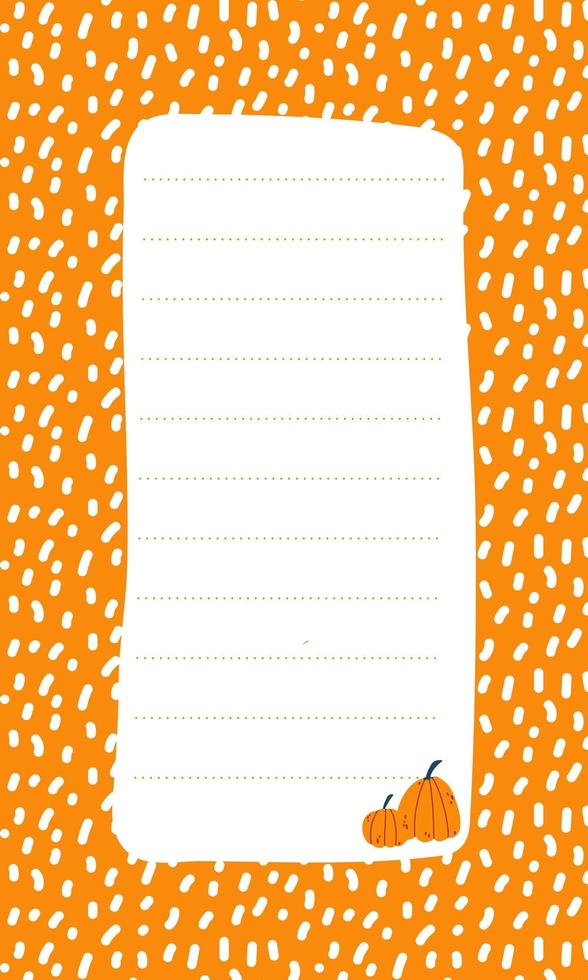 modèle de liste de notes de vecteur mignon pour les enfants. carte mémo sur fond orange avec des citrouilles dans un style de dessin animé dessiné à la main. papeterie, horaire, liste, horaire scolaire, activités parascolaires