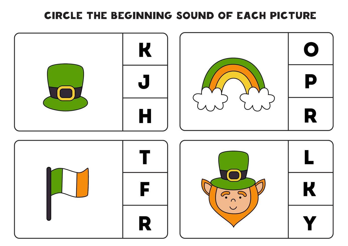 feuille de travail pour les enfants. trouver le son du début. jour de saint patrick. vecteur