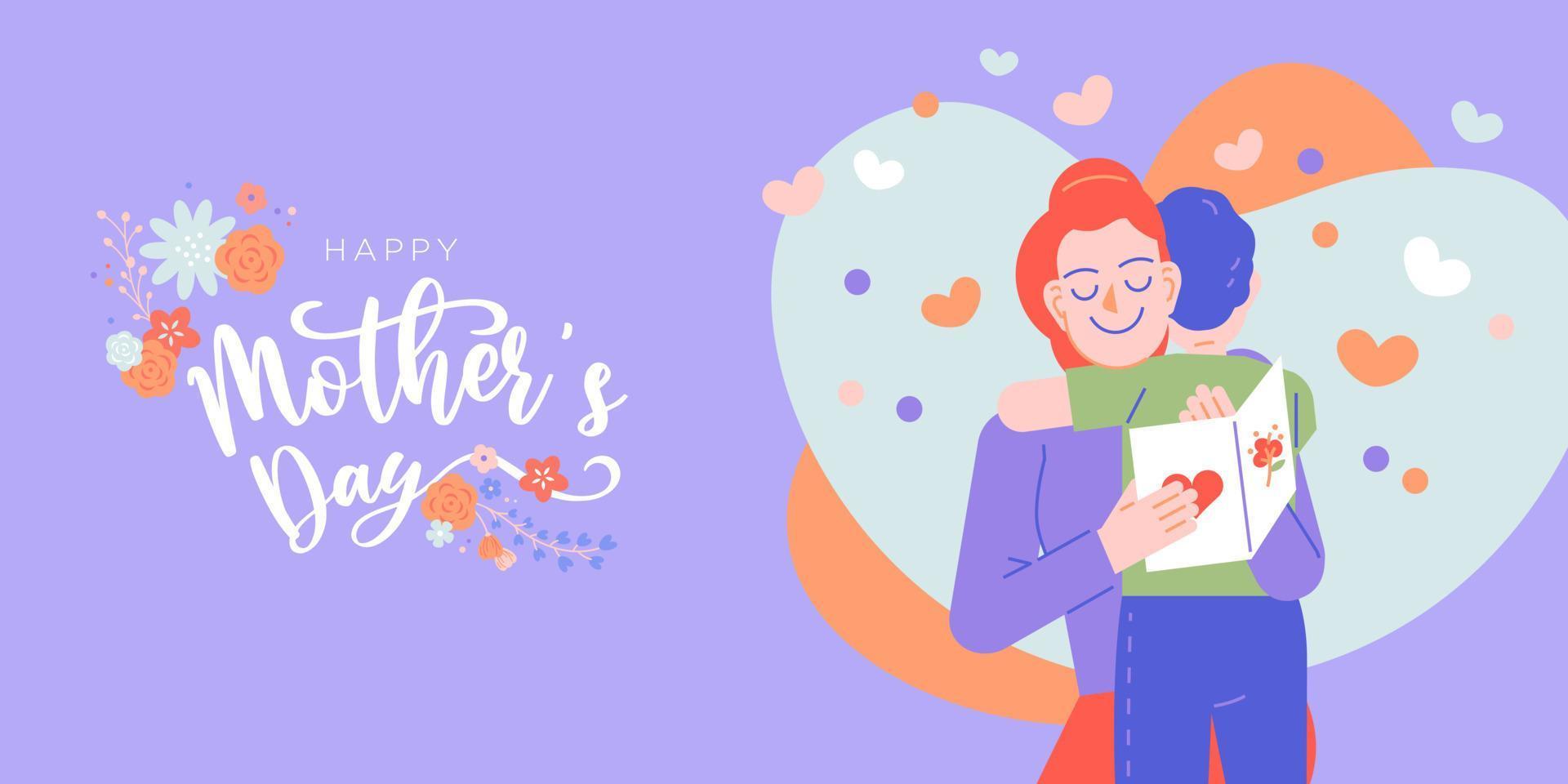 illustration vectorielle de fête des mères heureuse. maman et enfant donnent un câlin avec un texte de salutation décoratif de guirlande de fleurs bio vecteur