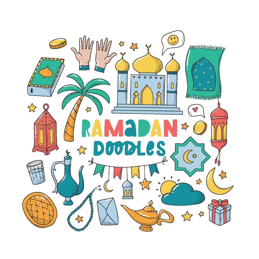 ensemble de doodles ramadan et islamiques isolés sur fond blanc. bon pour les autocollants, les icônes, les impressions, les planificateurs, le scrapbooking, la papeterie, etc. eps 10 vecteur