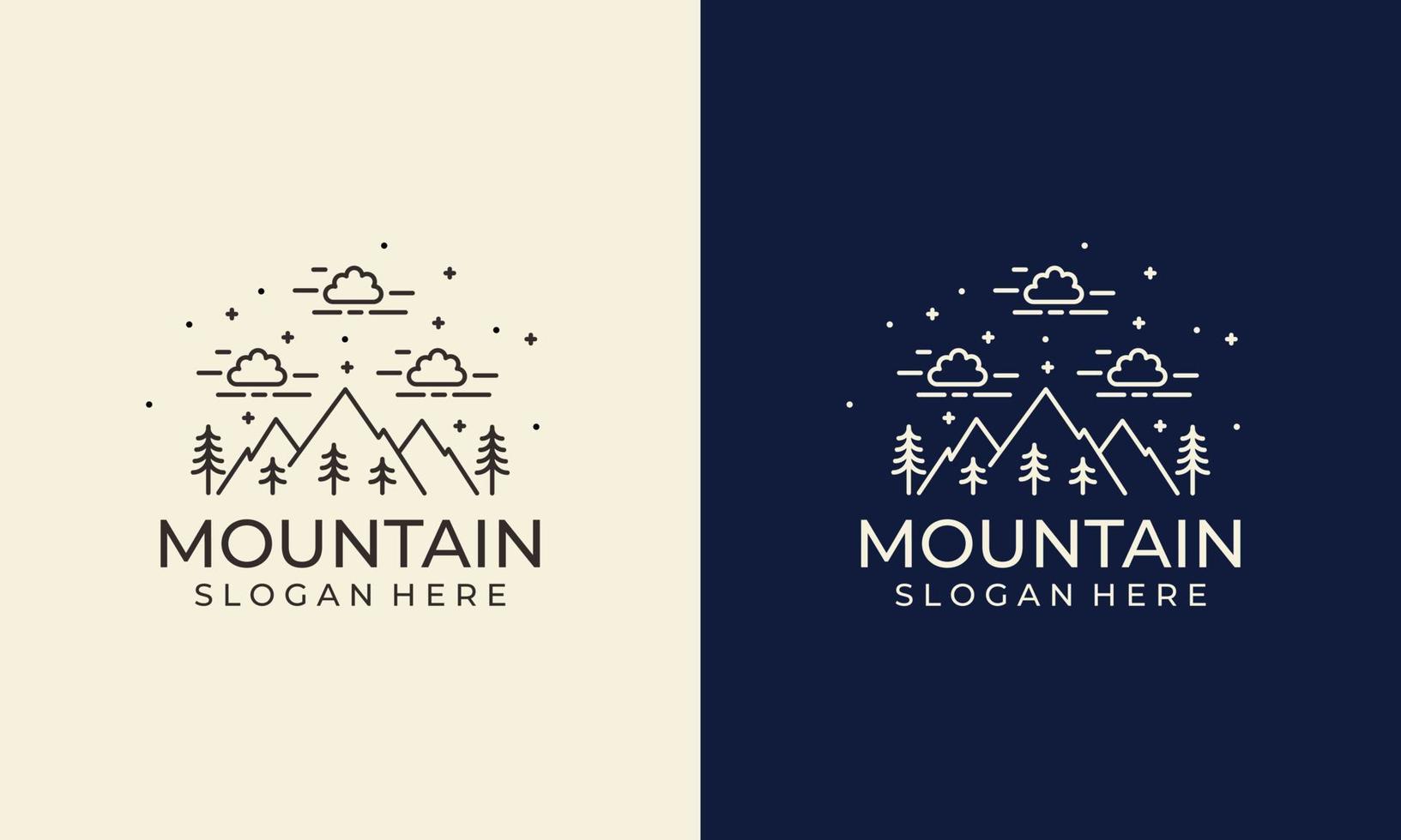 logo de montagne d'art en ligne, graphique d'aventure simple avec modèle de logo arbre et ciel vecteur