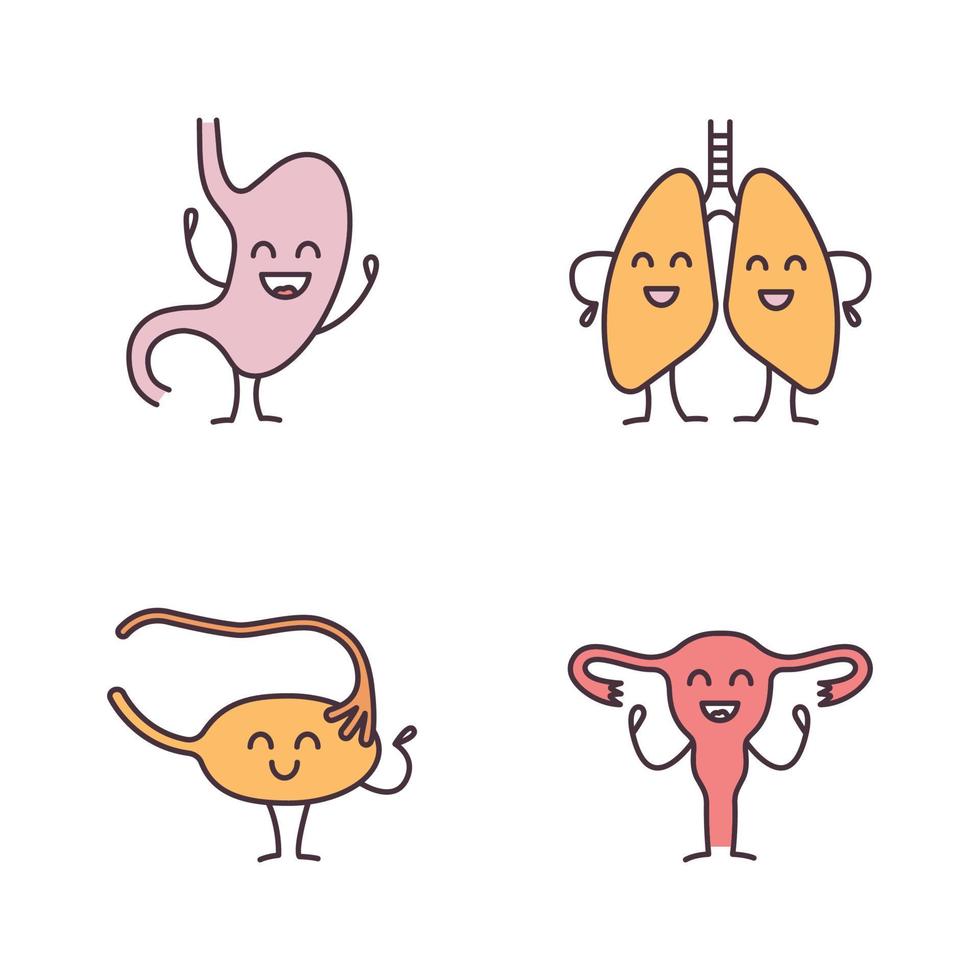 ensemble d'icônes de couleur de personnages d'organes internes humains souriants. estomac heureux, poumons, ovaire, trompe de Fallope, utérus. systèmes digestifs, respiratoires et reproducteurs féminins sains. illustration vectorielle isolée vecteur