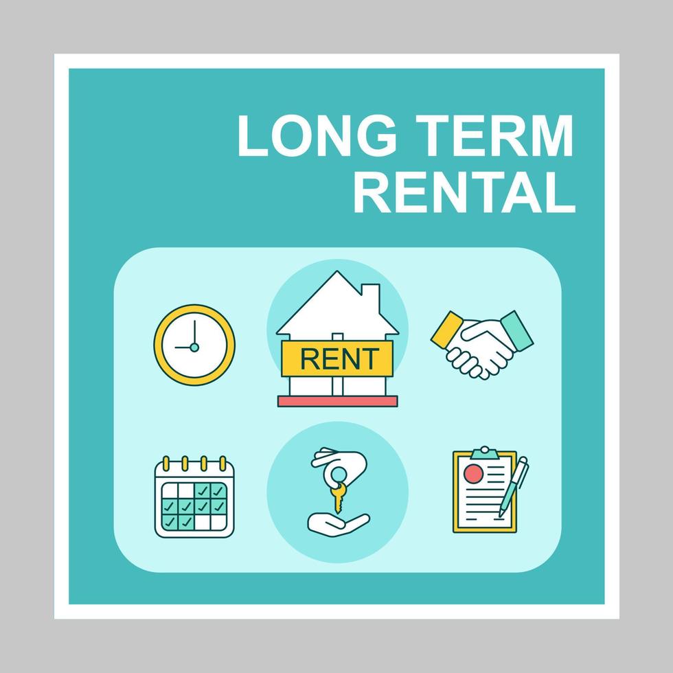 maquette de publications sur les réseaux sociaux de location à long terme. service immobilier. modèle de conception de bannière web publicitaire. booster de médias sociaux, mise en page du contenu. bordure de promotion isolée, cadre avec titres, icônes linéaires vecteur