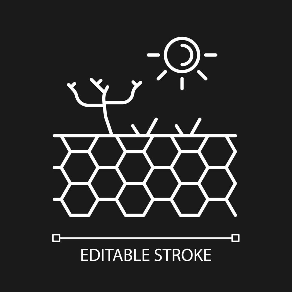 icône linéaire blanche de terre aride pour le thème sombre. sol infertile. zone climatique aride. sol sec et nu. illustration personnalisable en ligne mince. symbole de contour vectoriel isolé pour le mode nuit. trait modifiable