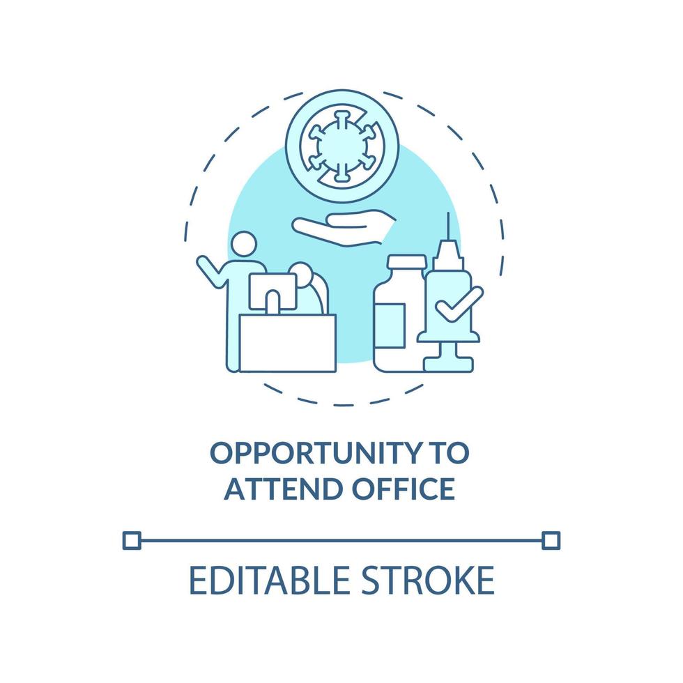 possibilité d'assister à l'icône de concept bleu de bureau. illustration de la ligne mince de l'idée abstraite de vaccination obligatoire. gestion de la santé des employés. dessin de couleur de contour isolé de vecteur. trait modifiable vecteur
