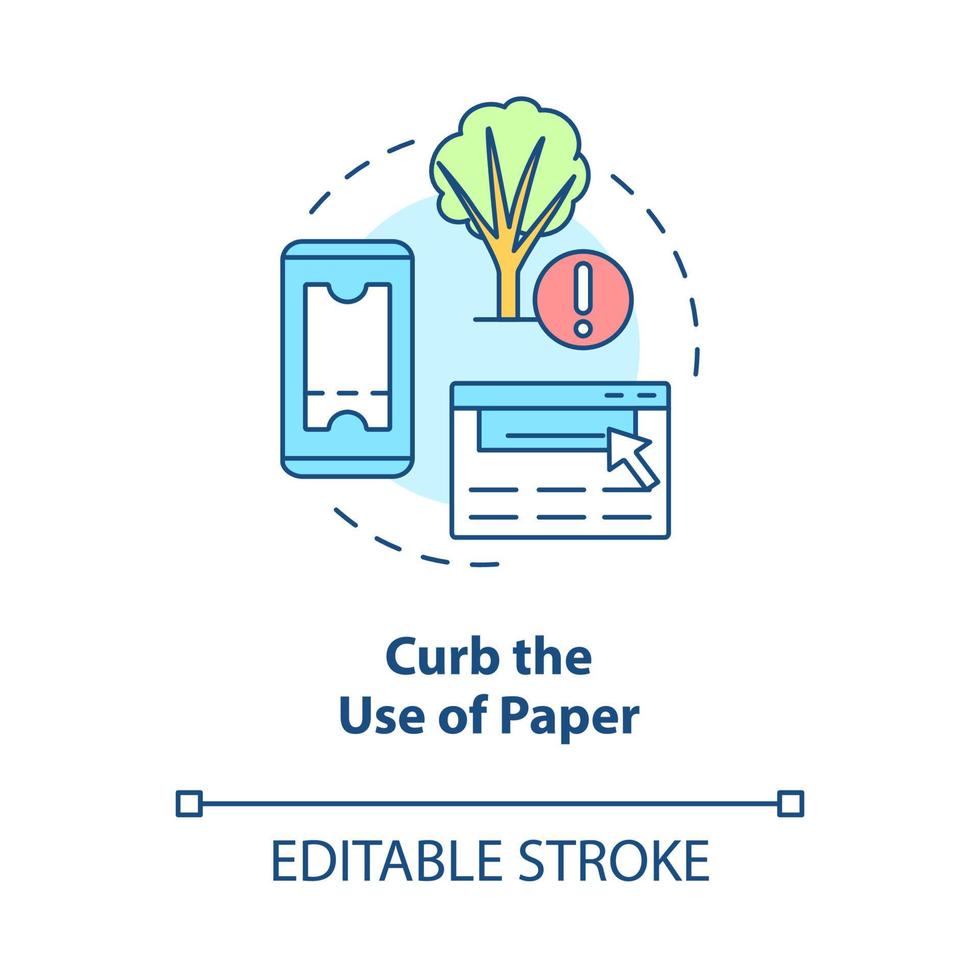 limiter l'utilisation de l'icône de concept de papier. sauver les arbres et la forêt. minimiser les déchets illustration de la ligne mince de l'idée abstraite. dessin de contour isolé. trait modifiable. roboto-medium, myriade de polices pro-gras utilisées vecteur