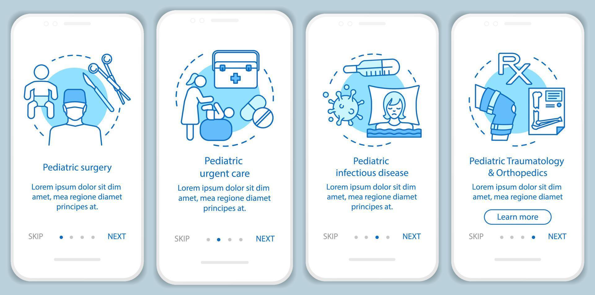 écran de page d'application mobile d'intégration des services de pédiatrie avec des concepts linéaires. chirurgie, maladies infectieuses, orthopédie pas à pas instructions graphiques. ux, ui, modèle vectoriel gui avec icônes