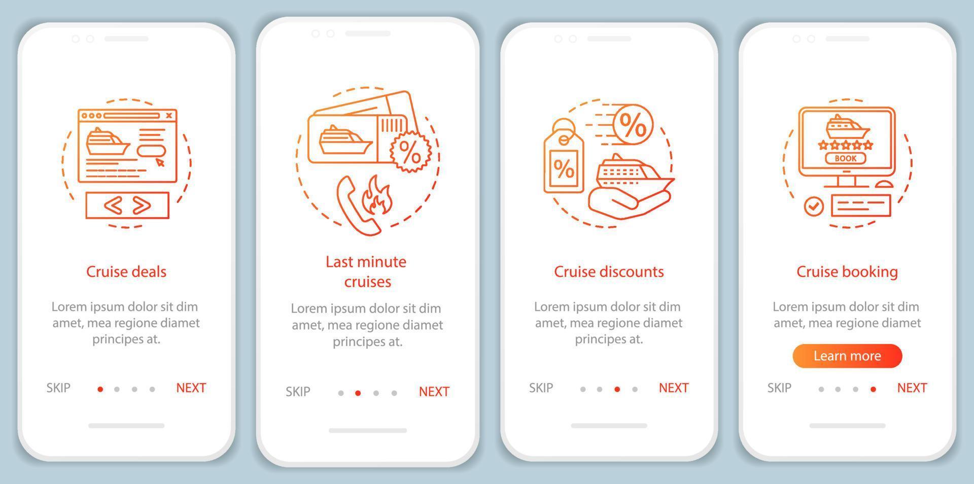 écran de page d'application mobile d'intégration de croisière avec des concepts linéaires. offres, croisières de dernière minute, remises, instructions graphiques des étapes de la procédure de réservation. ux, ui, modèle vectoriel gui avec illustrations