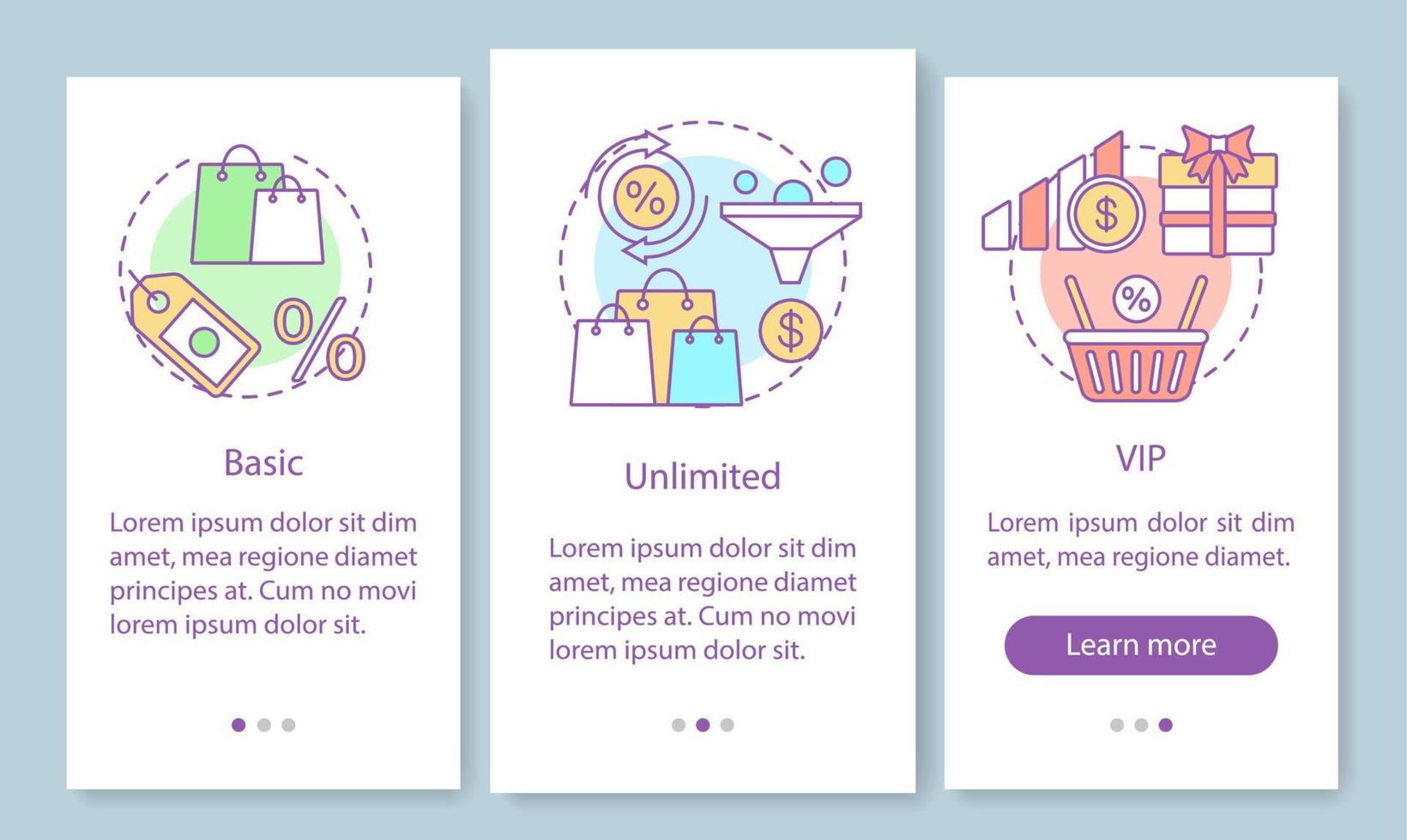 remises, abonnement aux bonus écran de page d'application mobile d'intégration avec des concepts linéaires. tarif de base, vip. instructions graphiques en trois étapes. ux, ui, modèle vectoriel gui avec illustrations