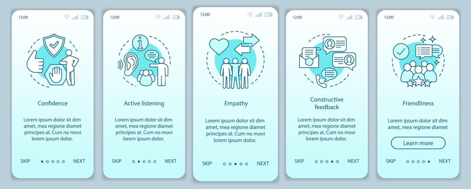 modèle de vecteur d'écran de page d'application mobile d'intégration de qualités personnelles. compétences en communication. écoute, convivialité, confiance. étapes du site Web pas à pas. concept d'interface de smartphone ux, ui, gui