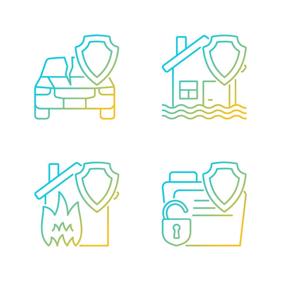 types de protection d'assurance ensemble d'icônes vectorielles linéaires dégradées. sécurité garantie en cas d'accident. couvrant différents types de cas. ensemble de symboles de contour de ligne mince. collection d'illustrations de contour isolé vecteur