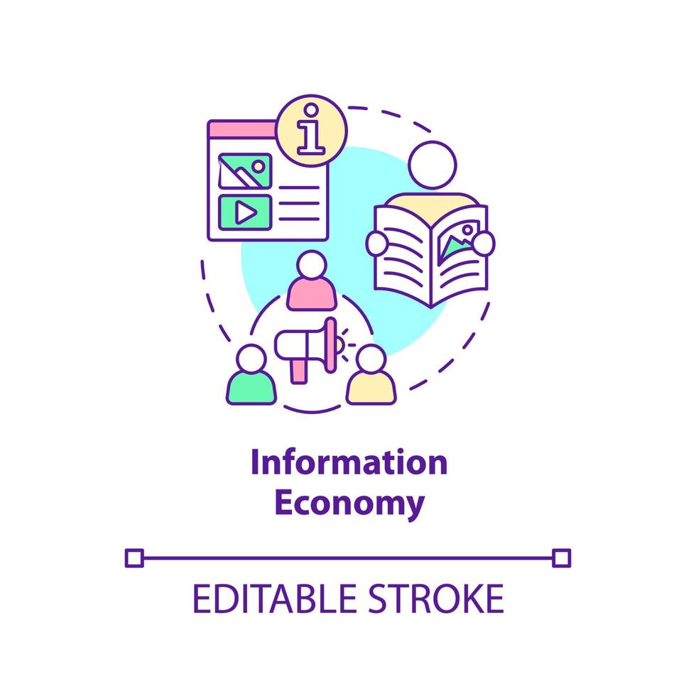 icône de concept d'économie de l'information. diffuser les connaissances. modèles d'économie idée abstraite illustration de ligne mince. dessin de contour isolé. trait modifiable. arial, myriade de polices pro-gras utilisées vecteur