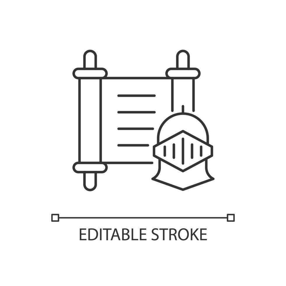 icône linéaire de l'histoire. chevalier médiéval sur fond de défilement antique. éducation culturelle. illustration personnalisable en ligne mince. symbole de contour. dessin de contour isolé de vecteur. trait modifiable vecteur