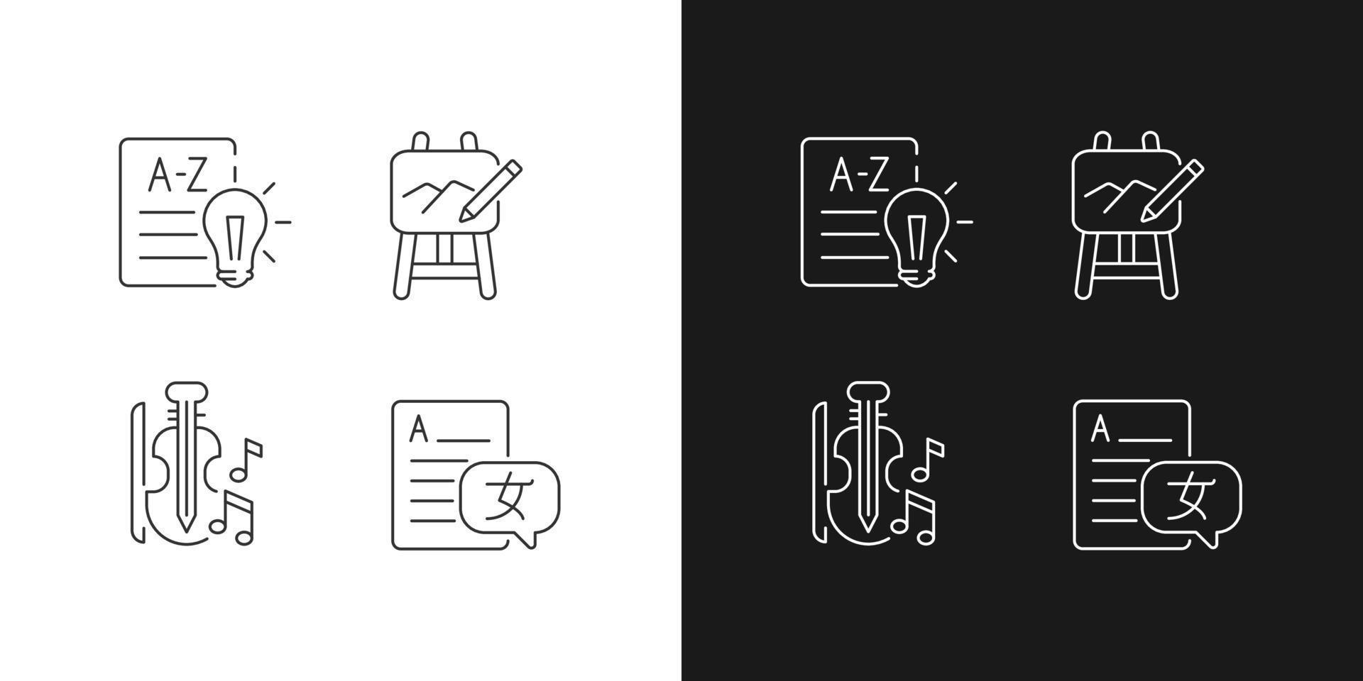 variété de sujets dans les icônes linéaires de l'école définies pour le mode sombre et clair. cours d'art. éducation musicale. symboles de lignes fines personnalisables. illustrations vectorielles isolées. trait modifiable vecteur