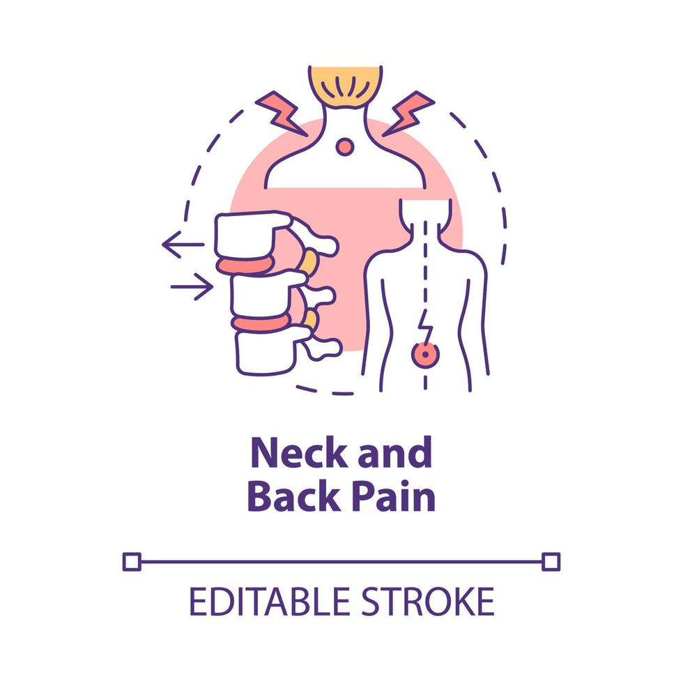 icône de concept de douleur au cou et au dos. patient souffrant de douleur à la colonne vertébrale due à une mauvaise posture. illustration de la ligne mince de l'idée abstraite de physiothérapie. dessin de couleur de contour isolé de vecteur. trait modifiable vecteur