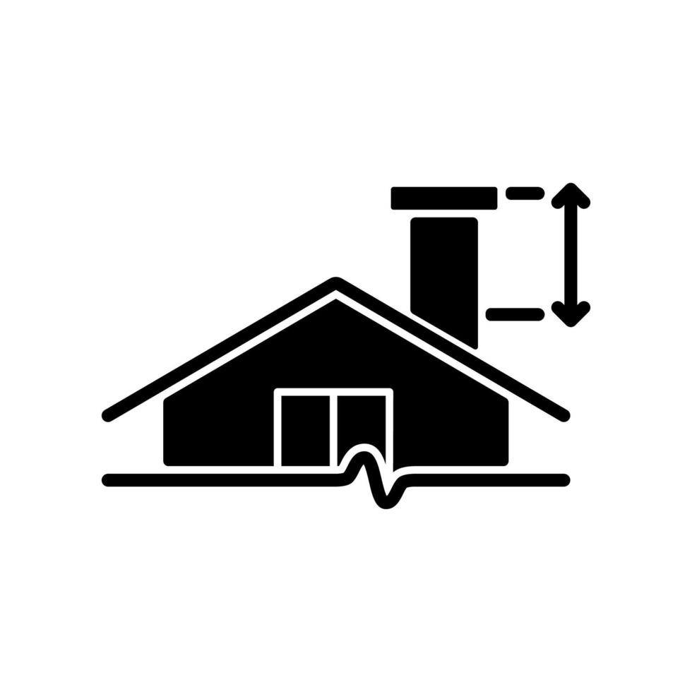 icône de glyphe noir de hauteur minimale de cheminée. exigences du bâtiment. installation d'un conduit de fumée dans une propriété résidentielle. structure correctement dimensionnée. symbole de silhouette sur un espace blanc. illustration vectorielle isolée vecteur