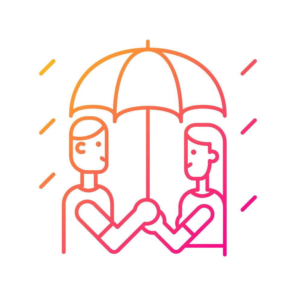 marchant sous l'icône de vecteur linéaire dégradé de pluie. couple sous parapluie. partageant un parapluie avec sa petite amie, son petit ami. symbole de couleur de ligne mince. pictogramme de style moderne. dessin de contour isolé de vecteur