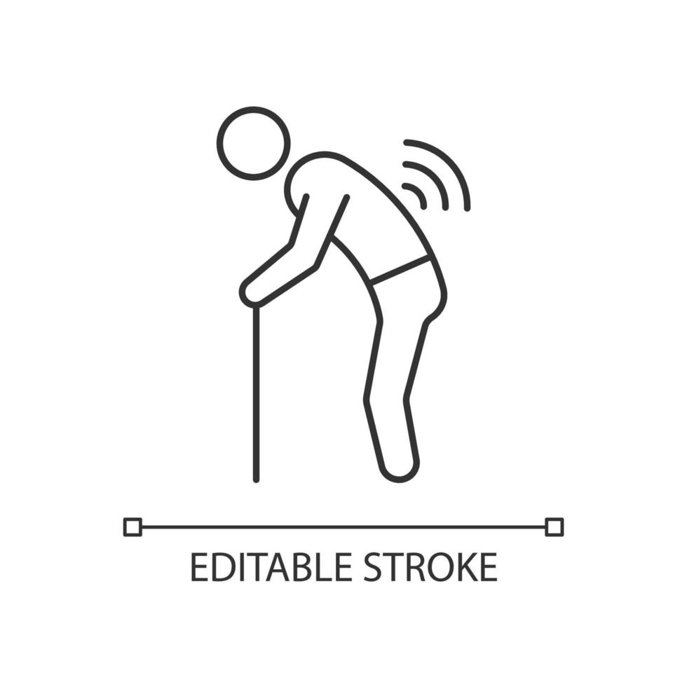 facteur de risque lié à l'icône linéaire de l'âge. homme âgé souffrant de maux de dos. développement de l'arthrite spinale. illustration personnalisable en ligne mince. symbole de contour. dessin de contour isolé de vecteur. trait modifiable vecteur