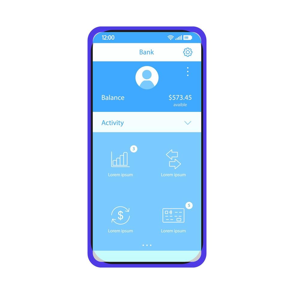 modèle de vecteur d'interface de compte bancaire mobile. mise en page de conception bleue de l'interface de l'application smartphone. écran des transactions financières. statistiques sur les activités de financement. interface utilisateur plate pour l'application. affichage du téléphone